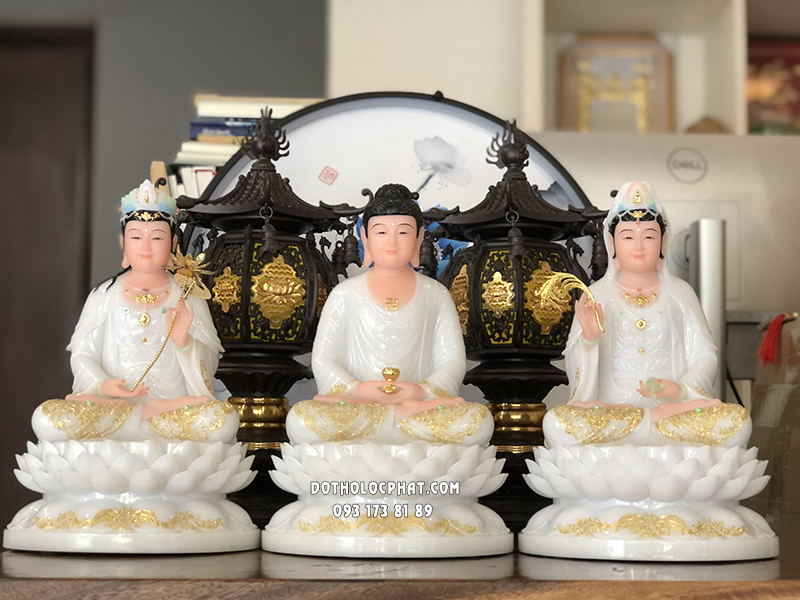 Bộ 3 tượng Tây Phương Tam Thánh bằng bột đá trắng áo viền vàng sang trọng
